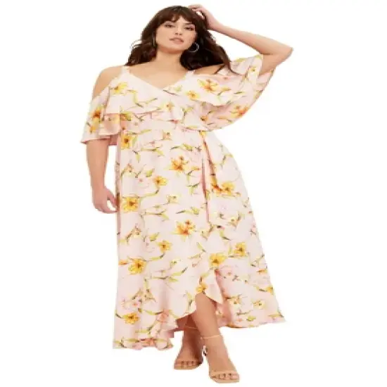 June + Vie by Roaman's Women&rsquo;s Plus Size Cold-Shoulder Faux-Wrap Maxi Dress image {1}