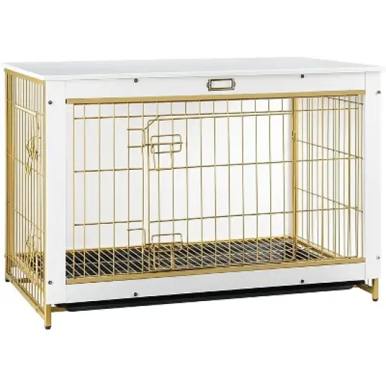 Dog Crate Indoor Furniture, 38.6 inches, Double Door Wooden Cage with Pull-Out Tray, Suitable for Large/Medium/Small Dogs, White image {8}