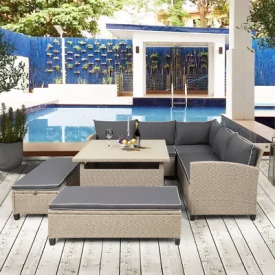 6pc Wicker Patio Set with Benches - Brown/Gray - GODEER image {2}