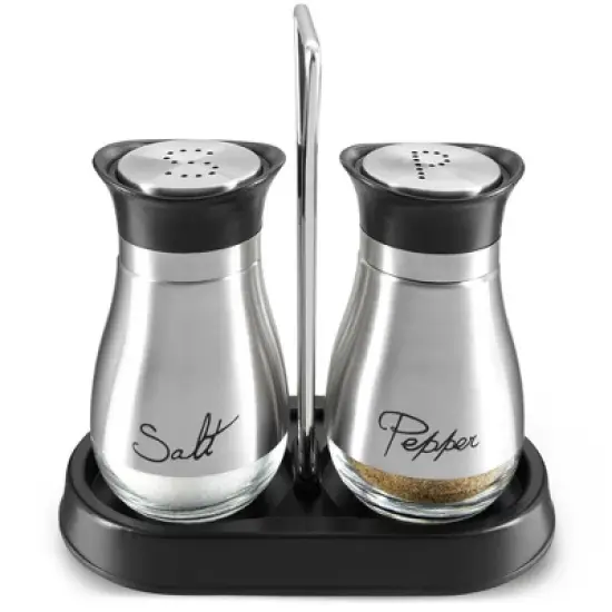 Juvale 3 Piece Salt and Pepper Shakers Set with Holder, Unique Stainless Steel and Glass Dispensers for Kitchen Accessories (4oz) image {8}