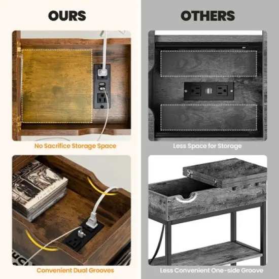 Tangkula End Table with Charging Station Industrial Nightstand Flip Top Side Pocket USB image {6}