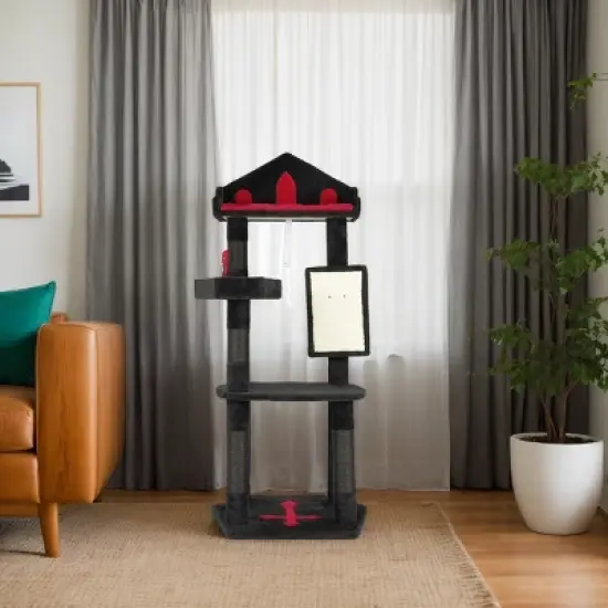 FURNIinspire Pet Tower 50 Inch Gothic Corner Cat Tree Cat Tower Stand with Perch, Scratching Post, Extra Wide Base, Black, 23.4"*23.01"*50" image {1}