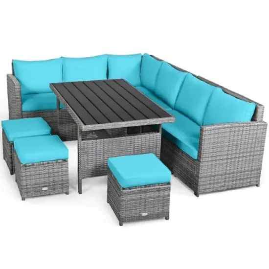 Tangkula 7PCS Rattan Patio Sectional Sofa Set Conversation Set w/ Turquoise Cushions image {10}