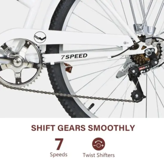 hykolity 26 inch Cruiser Bike Beach Bicycle City Bike Commuter Cycling 7 Speed for Adult Women Height 60-72 inch Front Basket Rear Rack Pale White image {3}