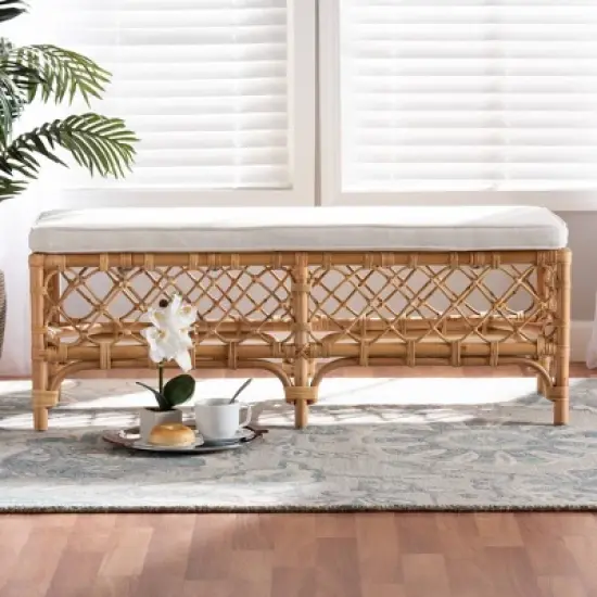 Orchard Fabric Upholstered and Rattan Bench White/Natural - bali & pari image {5}