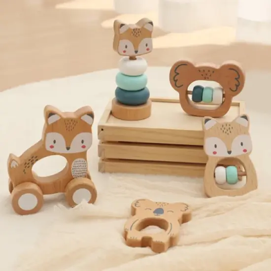 Freniland&trade; - Wooden Baby Rattle Toy Set &ndash; 5 PCS Blue Animal Themed Teether and Rattles, Natural Beech Wood Montessori Toys for 10M+ image {2}