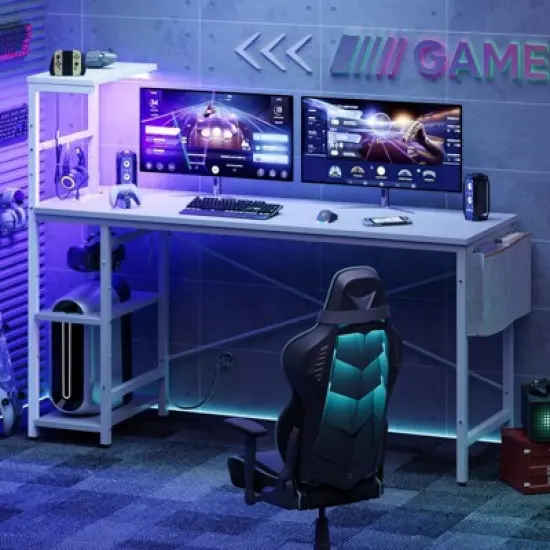 Bestier 61" Reversible Gaming Computer Desk with Power Outlet LED Desk with 4 Tier Shelves image {13}