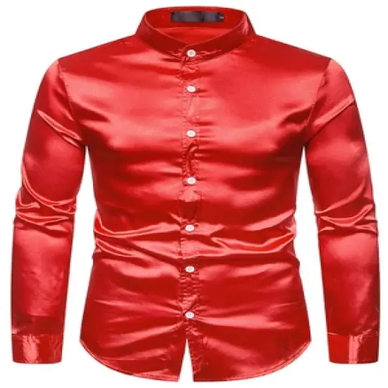 Lars Amadeus Men's Satin Long Sleeves Band Collar Button Down Solid Prom Satin Shirts image {8}