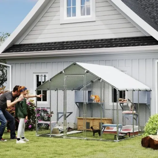 PawHut Catio Outdoor Cat Enclosure, 94.5" Extra Large Walk-in Cat House with Waterproof Cover, 2 Resting Boxes, 7 Jumping Platforms, for 5 Kittens image {1}