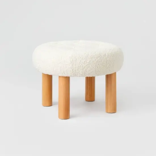 Kessler Round Tufted Faux Shearling Ottoman with Wood Legs Cream - Threshold&trade; designed with Studio McGee image {1}