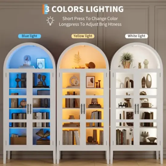 70" Tall Arched Kitchen Pantry Cabinet with LED Lights, Modern Wood Arched Bookshelf with Glass Doors & Adjustable Shelves image {2}