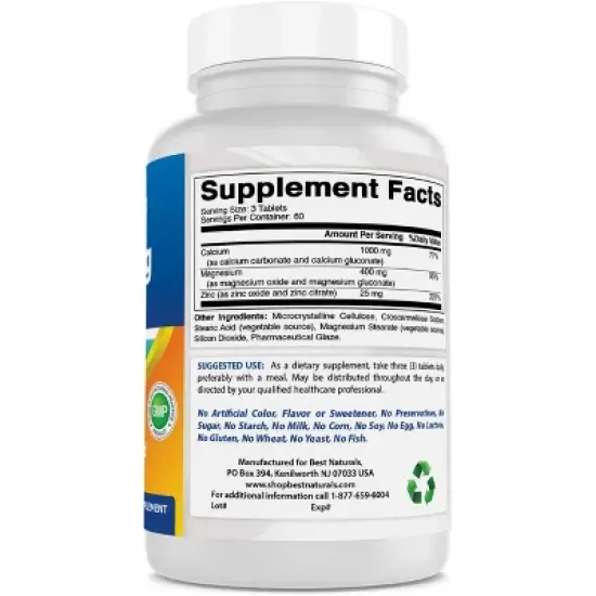 Best Naturals Calcium Magnesium Zinc 180 tablets image {2}