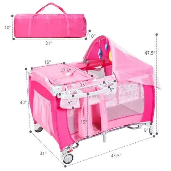 Infans 4-in-1 Portable Baby Playard w/Changing Table, Diaper Storage Bag, Music Box, Wheels with Brake, Foldable Newborn Play Yard w/Carry Bag, Pink image {6}