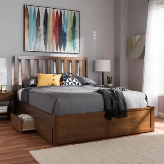 Queen Raurey Modern and Contemporary Walnut Finished Storage Platform Bed Brown - Baxton Studio image {9}