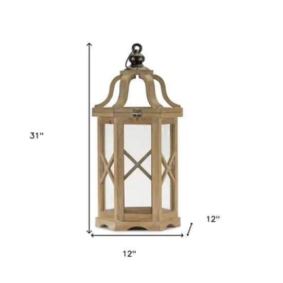 HomeRoots Set of Two Natural And Brown Distressed Geometric Wood And Metal Floor Lantern Candle Holders image {2}