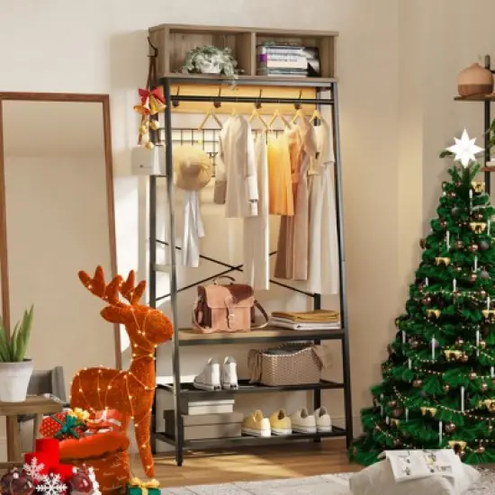 Bestier 31.5'' Wide Hall Tree with Bench and 3-Tier Shoes,5 HOOKS & Clothes Rod Two & Top Storage Cubes with Grid Memo Board & 2 Adjustable Feet image {6}