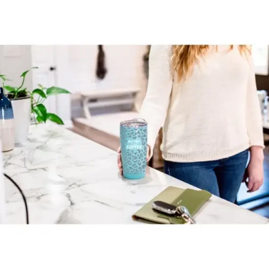 100 North 20 Ounce Stainless Steel On the Go Travel Tumbler With Push Top Lid, First I Need Coffee Teal image {3}