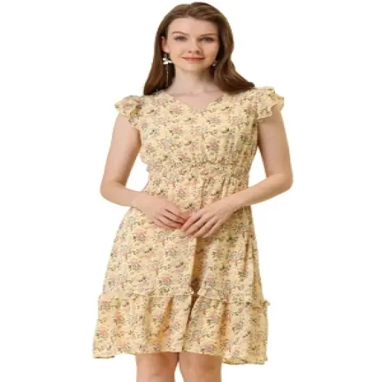 Allegra K Women's Floral Flutter Sleeves V Neck Smocked Ruffle Dress image {9}