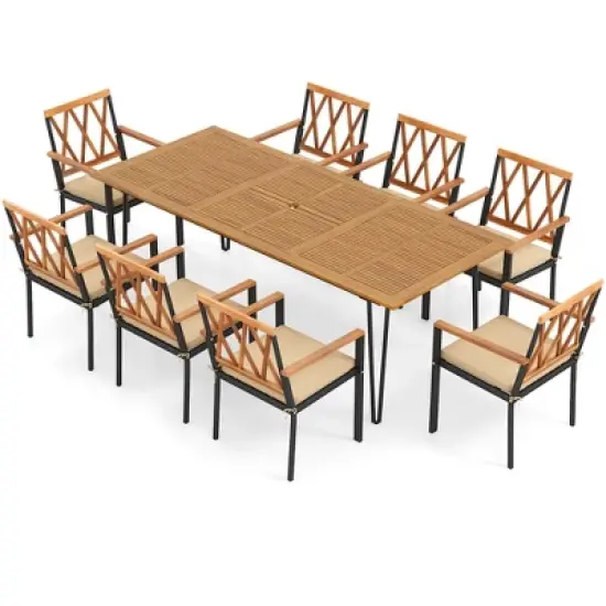 Tangkula 9 PCS Patio Dining Set w/ 8 Chairs Acacia Wood Table Top Umbrella Hole for Yard image {7}