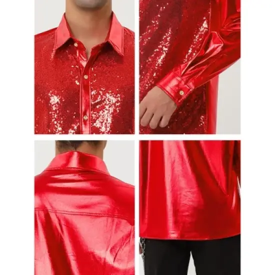 Lars Amadeus Men's Shiny Sequins Slim Fit Long Sleeves Button Down Disco Party Shirt image {5}