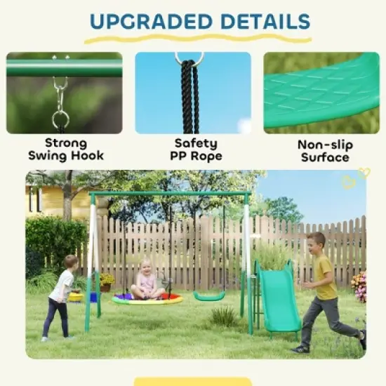 Qaba Metal Swing Set with Slide, Heavy Duty Swing Set with Saucer Swing Seat, Heavy Duty A-Frame Metal Stand for Kids Ages 3-8, Dark Green image {4}