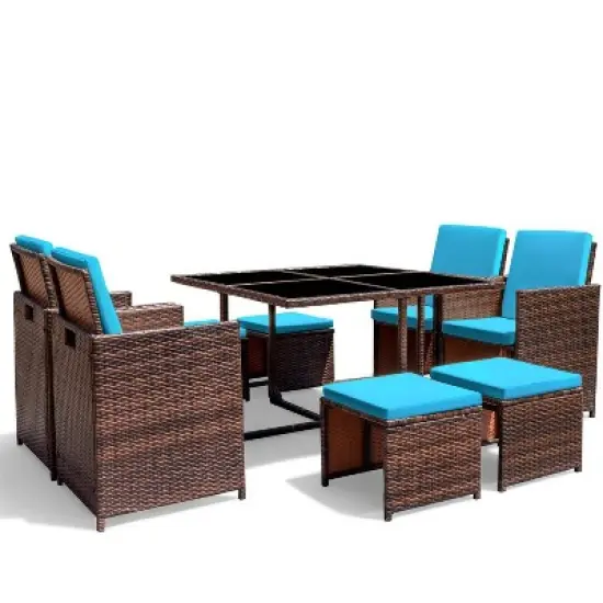 9pc Outdoor Conversation Set with Tempered Glass Table, Cushioned Chairs & Ottomans - Devoko image {8}