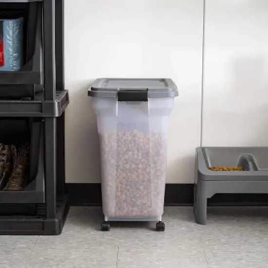 IRIS USA Dog Food Storage Container 40 lbs, Attachable Wheels, & Included Scoop, for Dog Cat Birds and other Pets, Dark Gray image {2}