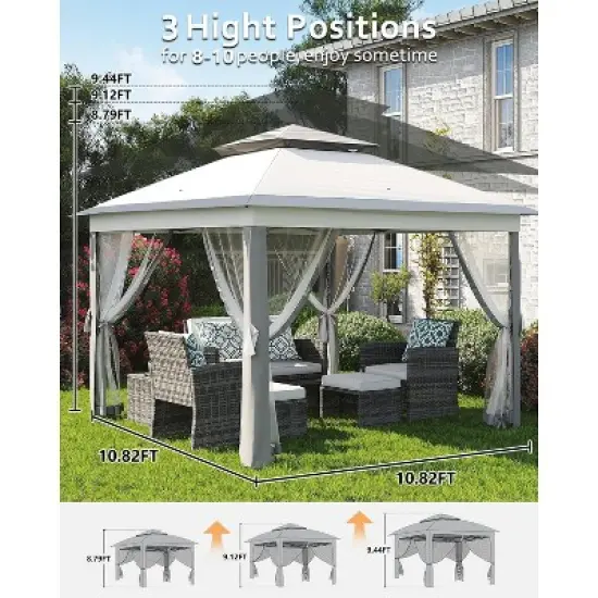 11'x11' Outdoor Metal Gazebo with Mosquito Netting & Zipper Door, UV & Water Resistant Canopy Shelter, Ideal for Backyard, Garden, Deck image {3}
