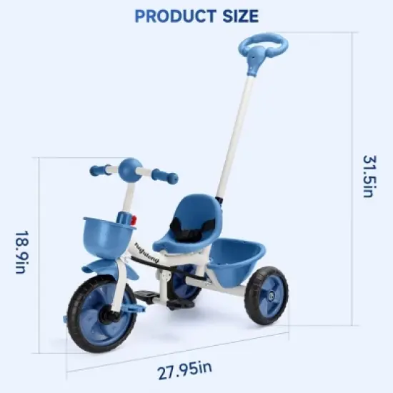 Topteng Kid Steer and Stroll Trike - Blue: Adjustable Handlebar, Steel Frame, Front & Back Basket image {6}