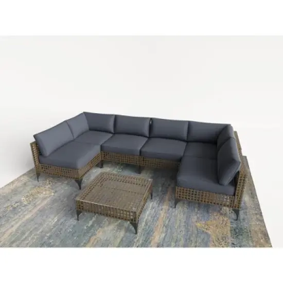 Cesicia 7-Piece Gray Sofa Set, Garden Patio Wicker Sectional Sofa Set with Coffee Table for Backyard, Balcony image {9}