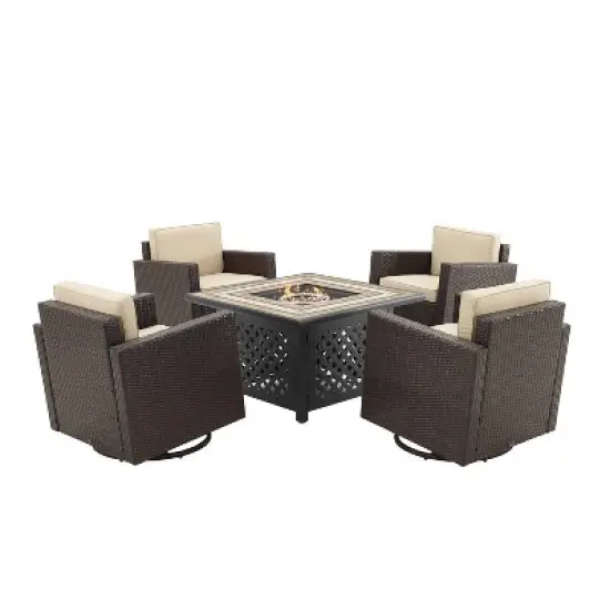 Palm Harbor 5pc Outdoor Wicker Conversation Set with Fire Table - Sand - Crosley image {3}