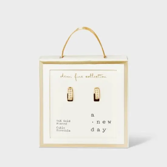 14K Gold Plated Cubic Zirconia Hoop Earrings - A New Day&trade; Gold image {3}