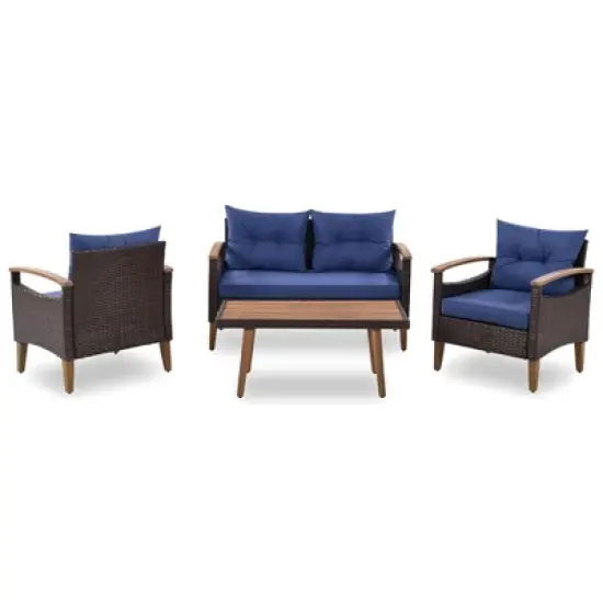 FIONECA 4-Piece Patio Furniture Set, PE Rattan Outdoor Sofa with Cushions & Wood Table, Garden Conversation Set, Brown & Blue image {7}