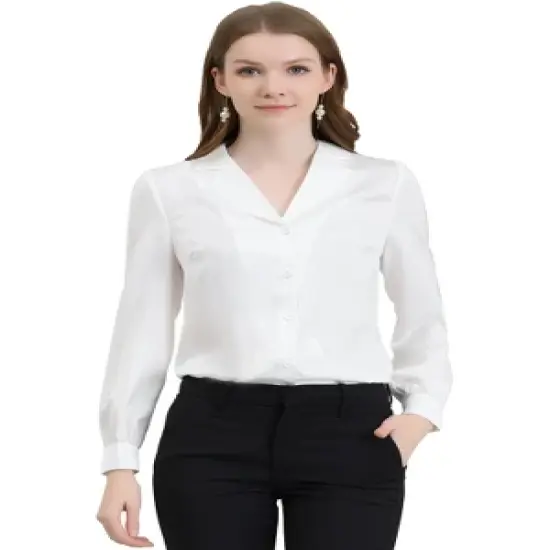 Allegra K Women's Elegant Collar V Neck Long Sleeve Work Office Satin Button Down Shirt image {7}