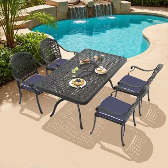 5-Piece Cast Aluminum Outdoor Dining Set with Blue Cushions, Rectangle Table & Stackable Chairs - for Patio, Backyard image {10}