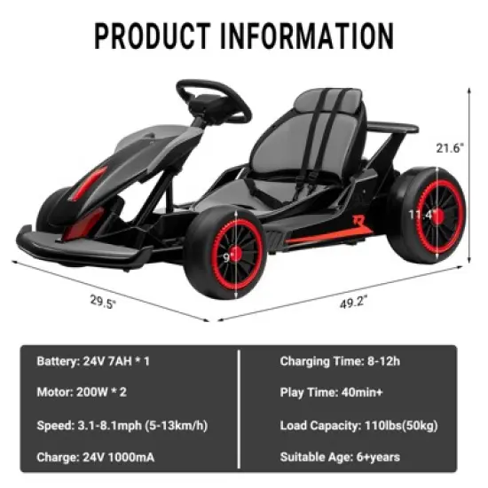 24V Kids Go Kart, Powerful Drift Kart with Dual 150W Motors, High Speed Electric Outdoor Ride On Toy, Battery Powered Ride On Racing Car with Music image {5}