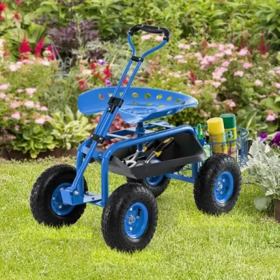 Costway Garden Cart Patio Wagon Roll Work Seat with Tray Basket Extendable Handle Blue/Red/Green image {3}