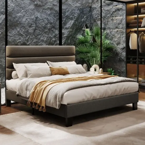 Full/ Queen/ King Bed Frame with Adjustable Headboard, Fabric Upholstered and Wooden Slats Support, Heavy Duty Mattress Foundation image {7}