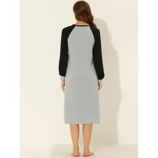 cheibear Women's Sleepshirt Pajama Dress Long Sleeves with Pockets Henley Lounge Nightgown image {2}