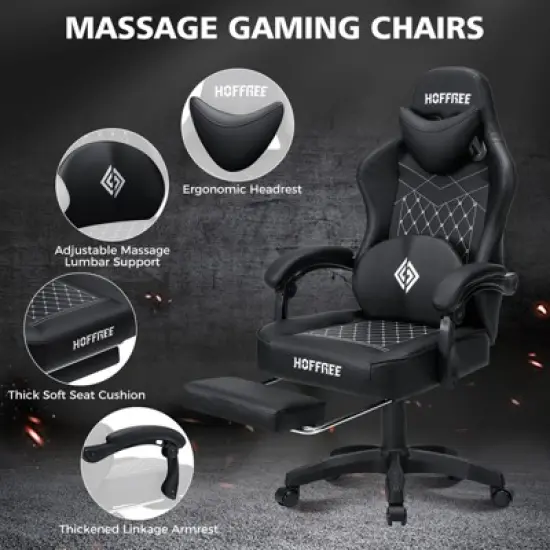 Hoffree Leather Massage Gaming Chair Ergonomic Office PC Chair with Footrest & Adjustable image {3}