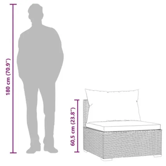 vidaXL Garden Middle Sofa Black PE rattan, powder-coated steel, fabric image {7}