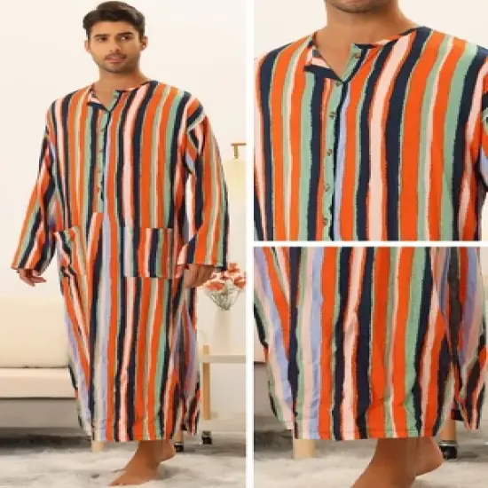 Lars Amadeus Men's Long Sleeves Button Striped Nightgown with Pockets image {4}
