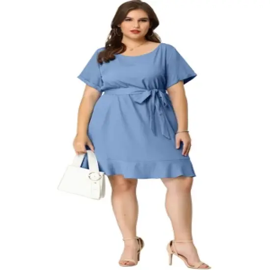 Agnes Orinda Women's Plus Size Belt Waist Ruffle Hem Chambray Shirt Dress image {2}