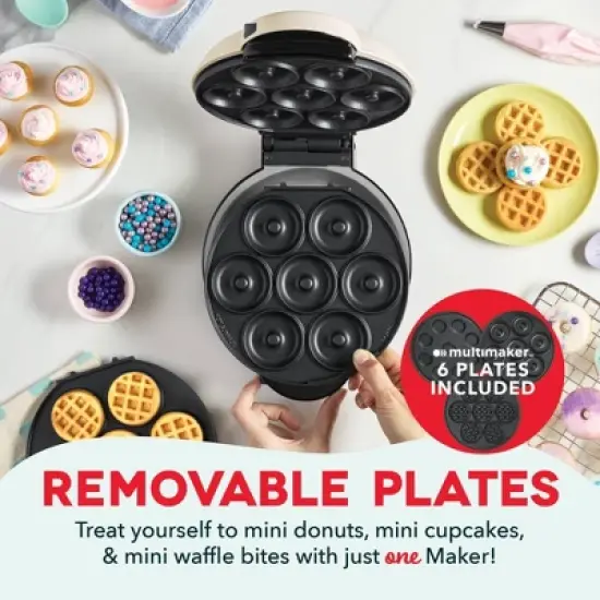 Dash MultiMaker Treat Maker System with Waffle Bite, Mini Donut, & Mini Cupcake Plates Cream: Nonstick, 7 Cavities, 800W image {2}