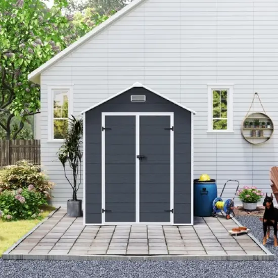 6*6ft resin storage shed, high quality pp material, rust and UV proof, large storage space, 12mm thick pp board, HD window lighting Dark gray image {9}