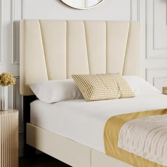 Bed Frame, Upholstered Full Size with Adjustable Headboard - Velvet Tufted Platform Bedframe, No Box Spring Needed, Beige image {6}