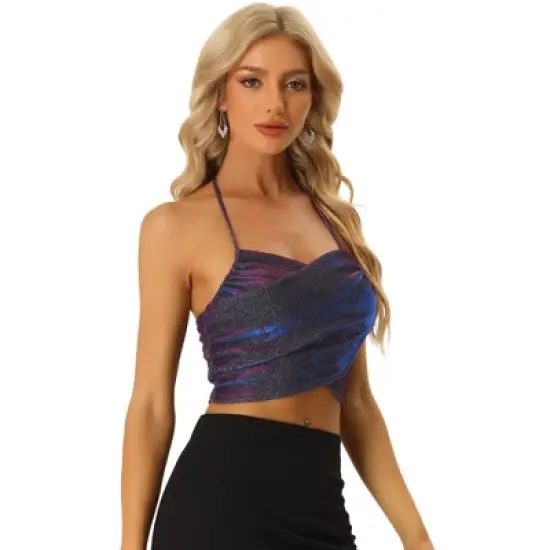 Allegra K Open Back Glitter Tops for Women's Sleeveless Crossover Backless Glitter Halter Top image {5}