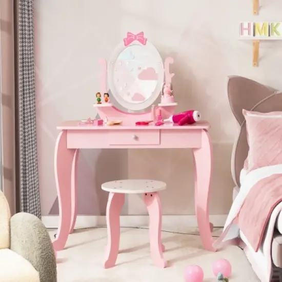 Costway Kid Vanity Table Stool Set with Adjustable Mirror Storage Drawer Makeup Pink image {2}
