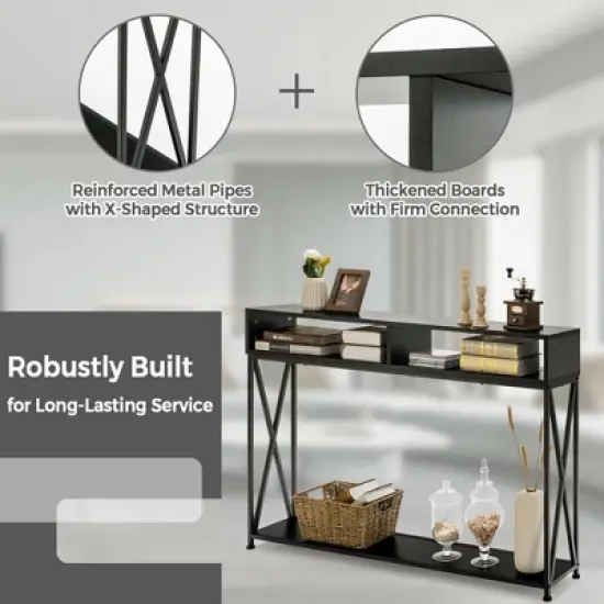 Costway Steel Frame  Console Table with Open Shelf and Storage Compartments  Black image {5}