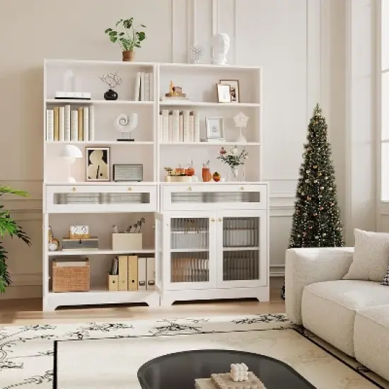 Kitchen Pantry Cabinet 62 Inch Freestanding Hutch Cupboard with Large Countertop Glass Doors Drawer and Adjustable Shelves Microwave Cabinet image {2}